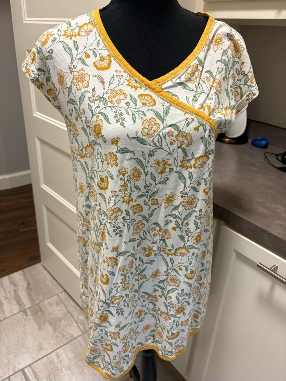 Garnet Hill Floral Top with Mustard Trim in White, Mustard, Green